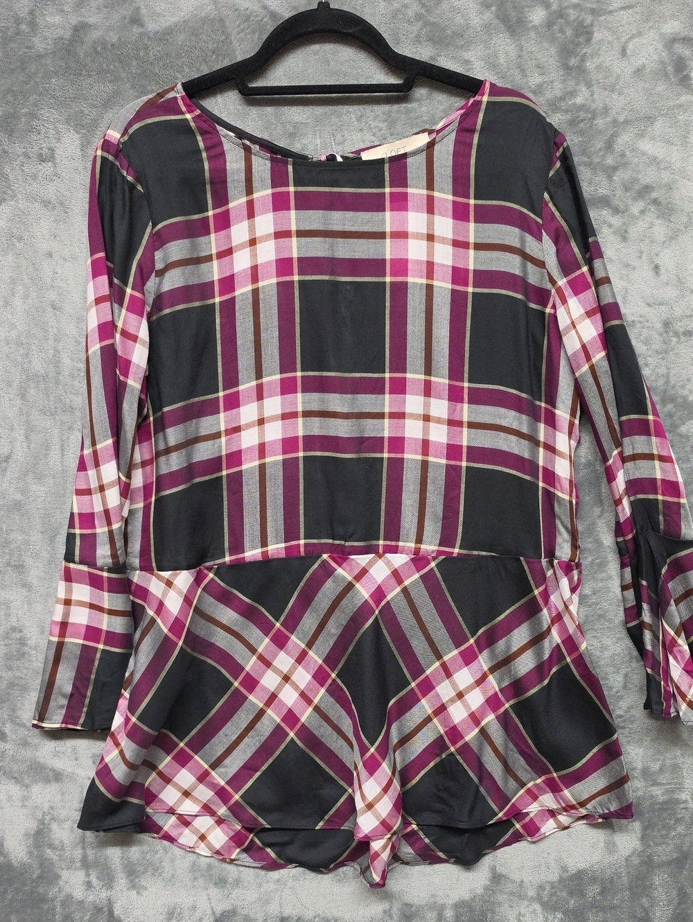 LOFT Plaid Peplum Tunic - Burgundy, Gray, Pink Sz LG
